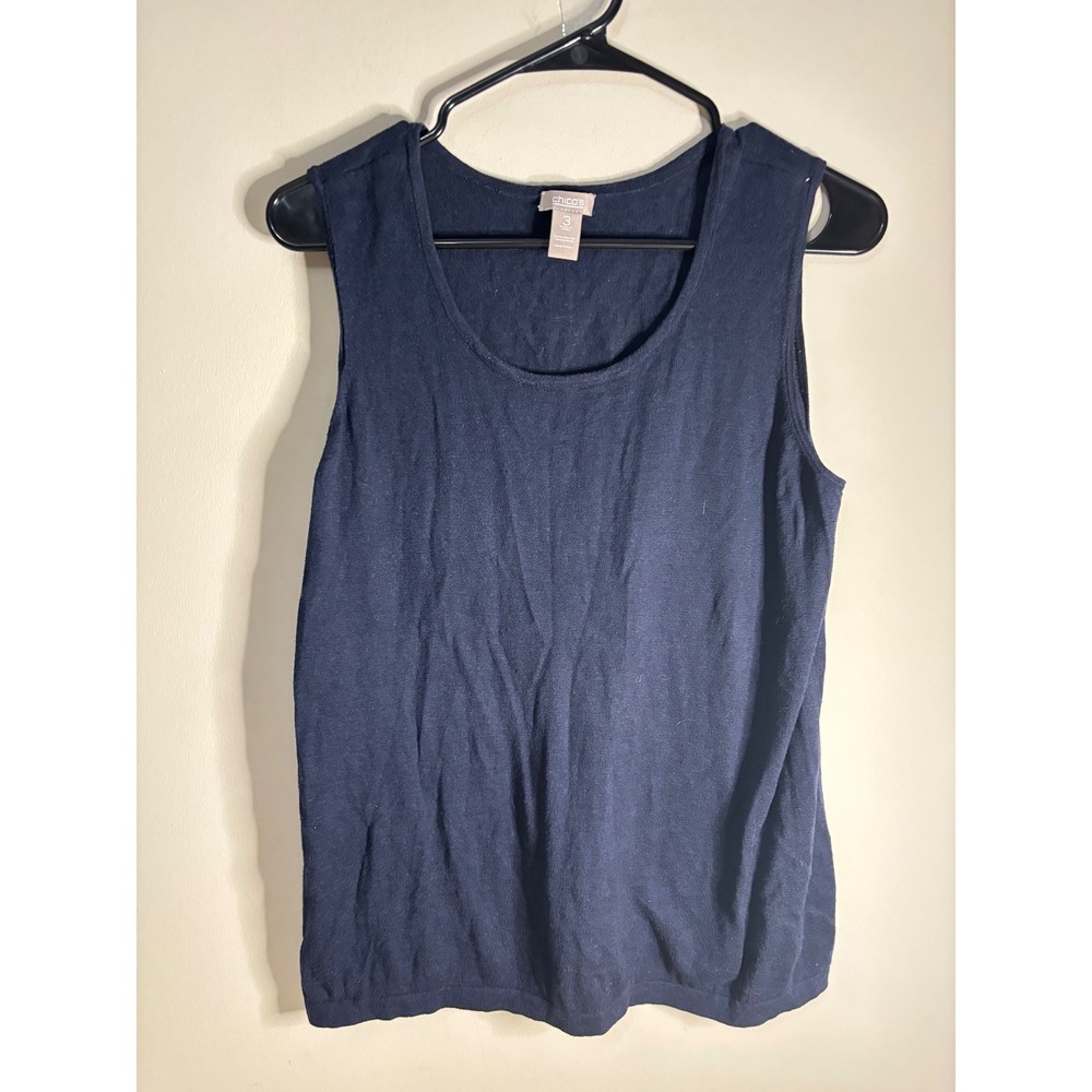 Chicos Women Size 3 Navy Blue Sleeveless‎ Knit Top Cotton Blend Tank